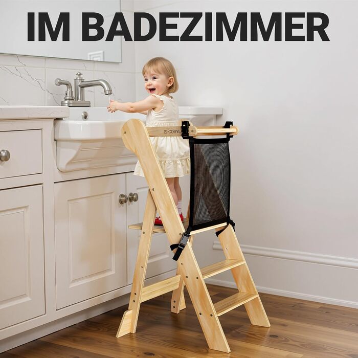 COSYAND Монтессорі стільчик-сходинка для дітей від 1 року, регульована висота | Сходинка Монтессорі | Кухольчик для дітей | Колір: Темно-сірий-натуральний