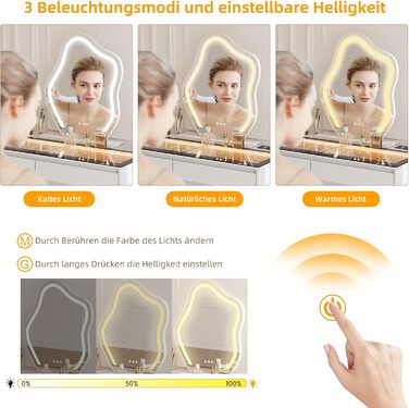 Тюль для макіяжу BROTTAR з регульованою LED-підсвіткою, туалетний столик зі дзеркалом, тумбочка з 5 висувними ящиками, кутовий туалетний столик, L-подібний, кутовий туалетний столик зі скляною стільницею, білий, стиль A