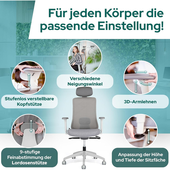 Ергономічне крісло Schekka® для офісу - індивідуальне налаштування, підтримка голови та попереку, 3D підлокітники, дихаюча сітка, 150 кг, світло-сірий/м'ятний колір. З підголовником