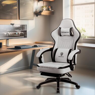 Ігровий крісло Dowinx з дихаючого PU-шкіри, з підніжкою, масажем, підтримкою попереку, велике та високе, ергономічне, з кишеньковим пружинним подушками, для дорослих та підлітків (Чорний та Золотий)