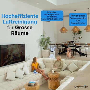 Повітряний фільтр SereneLife з HEPA-фільтром – керування через додаток, 20dB тихий, для приміщень до 100м², проти диму, пилу, запахів та шерсті тварин, білий
