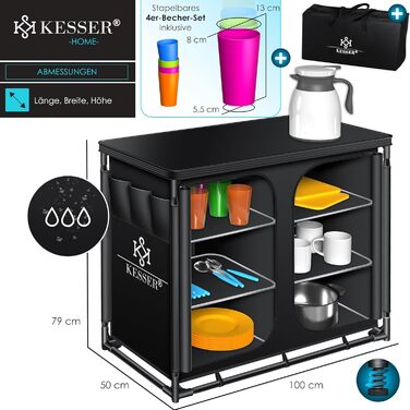 Кемпінгова кухня KESSER® з сумкою та набором посуду | Складаний шафка для кемпінгу | Алюмінієвий каркас | Похідна кухня | Кухонна коробка | Шафка для намету | Чорний/Чорний | Тип F6