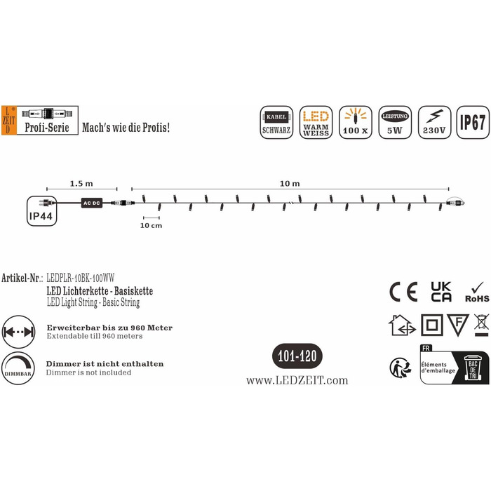 Професійний світлодіодний струнний світильник LEDZEIT 10 м, 100 теплих білих світлодіодів, розширюваний, міцний, для зовнішнього та внутрішнього використання