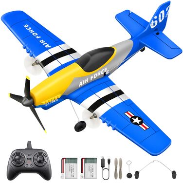RC літак HAWK'S WORK P-51D Mustang 2.4GHz, готовий до польоту, 6-осьовий гіростабілізатор, синій - для дітей та початківців