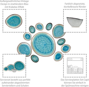 Набір посуду SINGER Capri 12 шт, набір тарілок на 4 персони, порцеляновий посуд, включаючи обідню тарілку, десертну тарілку та глибоку тарілку, обідній сервіз ручної роботи, бірюзово-синій набір посуду з сірим обідком (сервірувальний набір тарілок