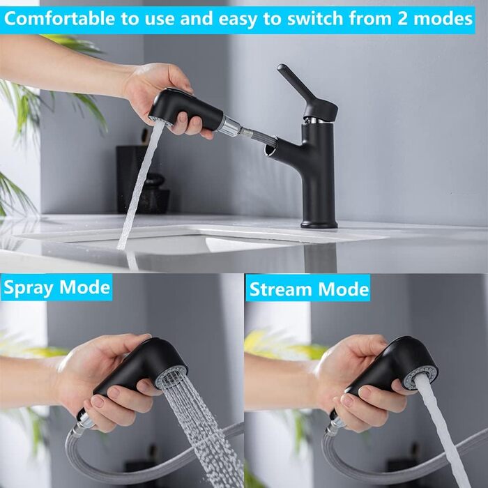 ONECE Змішувач для ванної кімнати з висувною лійкою та душем, чорний (2 режими струменя)