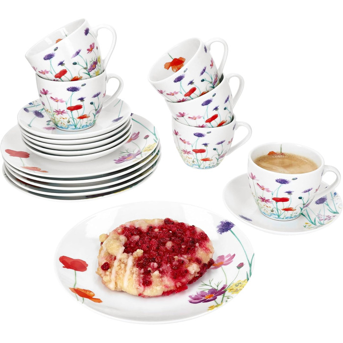 MamboCat Marie - 18-Piece Coffee Set | Porcelain Dinnerware with Floral Decor for 6 People | 6 Cups (190ml), Saucers & Plates for Breakfast & Coffee