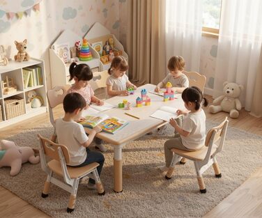 Дитячий стіл з 6 стільцями: комплект для дитячого садка та кімнати, регульована висота, пластикові меблі, жовтий