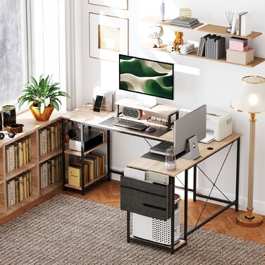 Кутовий письмовий стіл, багатофункціональний офісний стіл з регульованими полицями, кишенею для зберігання та підставкою для монітора, натуральне дерево