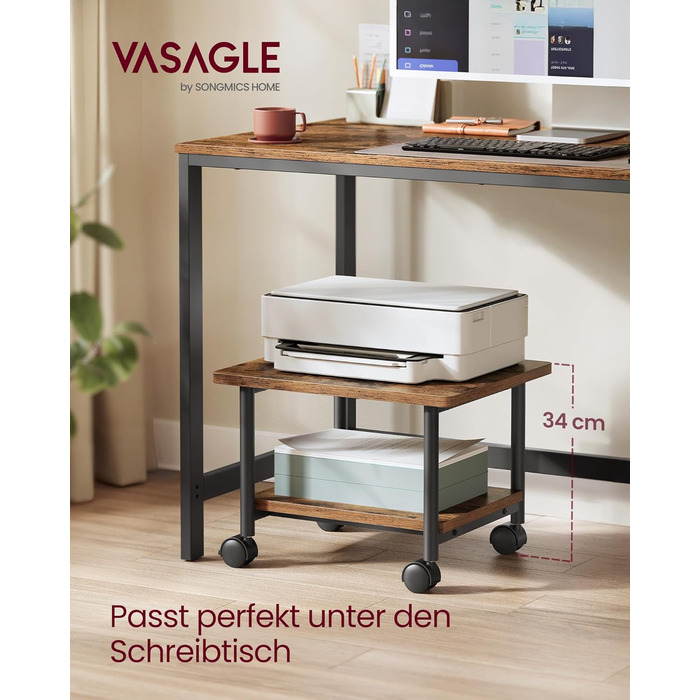 Столик для принтера VASAGLE на колесах, з полицею, для офісу та дому, індустріальний стиль, вінтажний колір, OPS002B01V1