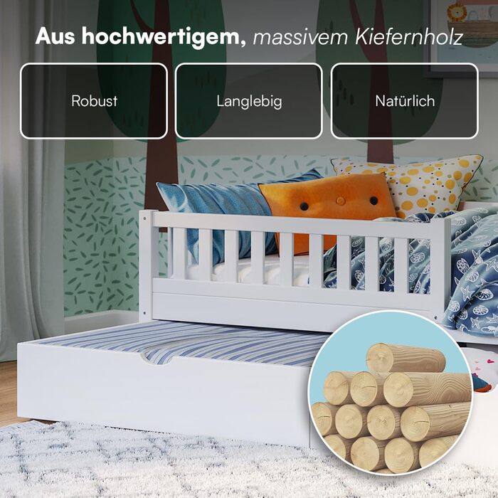 Ліжко дитяче Bellabino Vils 90x200 см з ящиком, захистом від падіння та ламелями – ліжко Монтессорі для дітей з масиву сосни, біле. Підходить для хлопчиків та дівчаток, з місцем для зберігання.