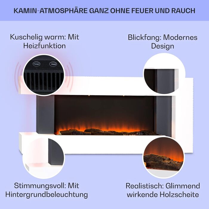 Електрокамін Klarstein Light & Fire 2 Smart з LED-полум'ям, 2000 Вт, настінний, з пультом та таймером, білий, економний, корпус MDF