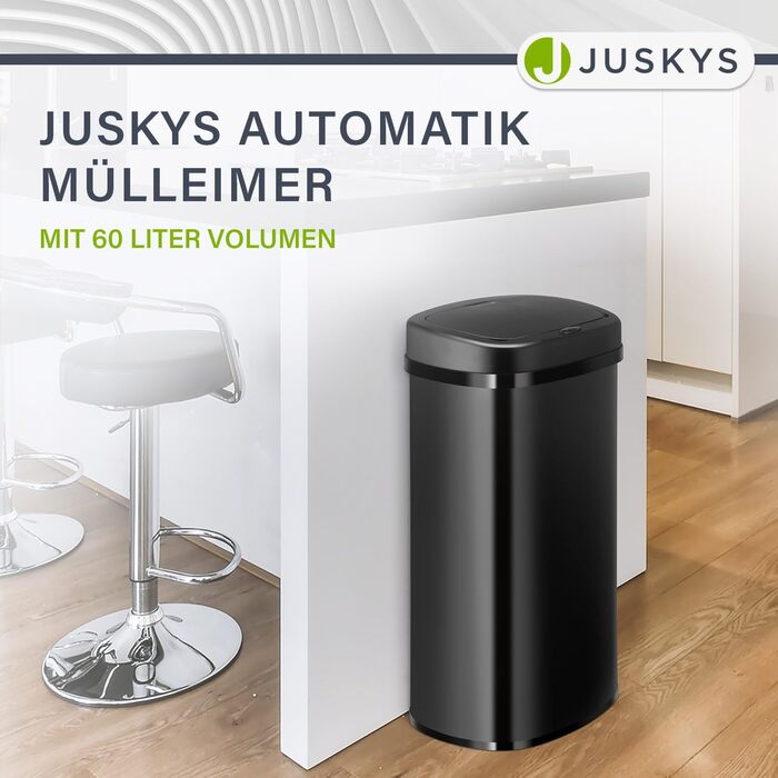 Сміттєвий бак Juskys для кухні з датчиком руху, 60 л, чорний, з кришкою-затискачем для пакетів, нержавіюча сталь, безконтактне відкривання