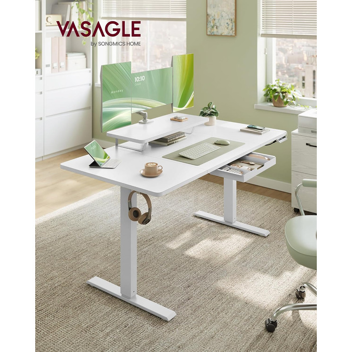 VASAGLE Регульований стіл, моніторний підставка, ящик, USB-C, нагадування про сидячий спосіб життя, для офісу, 140 x 70 см, Wolkenweiß