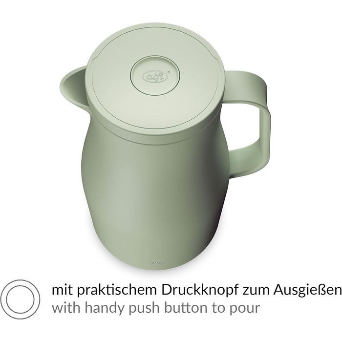 Термос Alfi ECONSCIOUS 1.0л, туманно-зелений, з ізоляцією, з вбудованим скляним вставкою, з біо-пластику, з кришкою-вертушкою, з кнопкою, для зручного наливання однією рукою, ідеальний для кави та чаю, без BPA