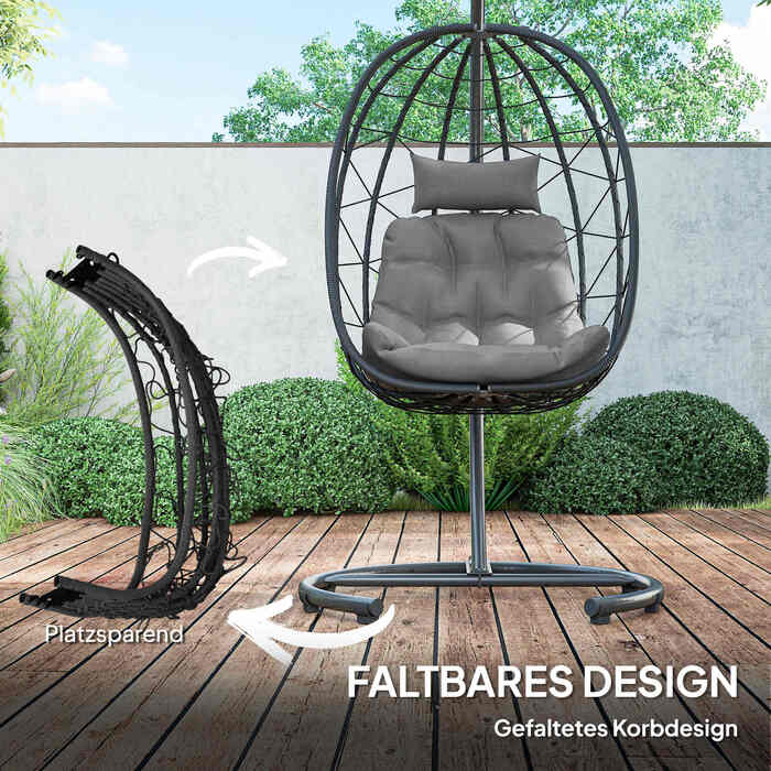 Гамак-крісло Outdoor, Гамак-крісло у формі яйця, стійкий до погодних умов, з подушкою, 102 см x 102 см x 195 см, Темно-сірий