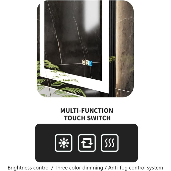 Дзеркало для ванної кімнати Luminorcrest з підсвічуванням, прямокутне 60 x 80 см, LED, 3 кольори, диммування, сенсорне управління, антизапар, CRI90+, загартоване скло, бокове та заднє підсвічування