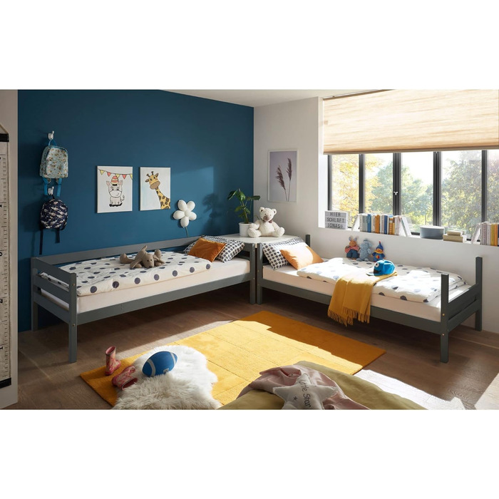 Сучасне ліжко-горище зі сходами та двома лежачими поверхнями 90 x 200 см - Компактне дитяче двоярусне ліжко з масиву сосни, сіре - 97 x 140 x 207 см (Ж/В/Г) Сосново-сірий