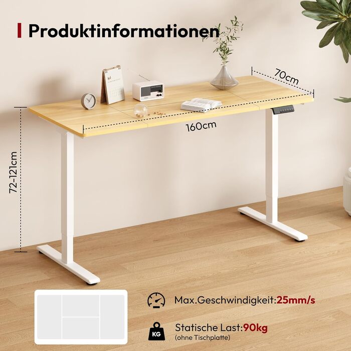 SANODESK Регульований стіл за висотою 160x70 см – Електричний столик для стоячи/сидячи з подвійним мотором, вантажопідйомність до 90 кг, ергономічне робоче місце (білий+горіх) 160 x 70 см Горіх