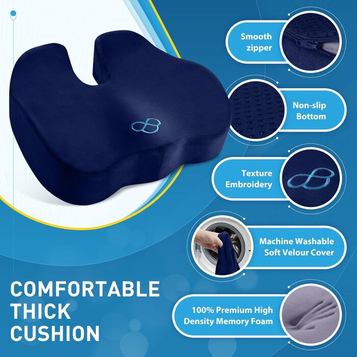 Подушка для сидіння BlissTrends з Memory Foam, 13.2 см товщиною, для офісного крісла, авто, літака, зняття болю в попереку, куприку, ішіасу, для тривалого сидіння, блакитна