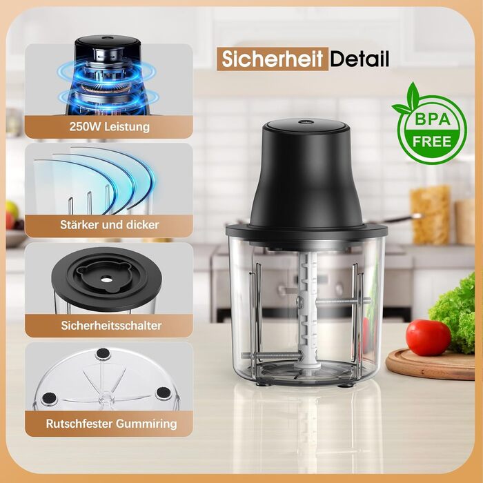 Електричний подрібнювач/подрібнювач для кухні 1.5L, чорний: для м'яса, овочів, фруктів, горіхів, дитячого харчування, 250W