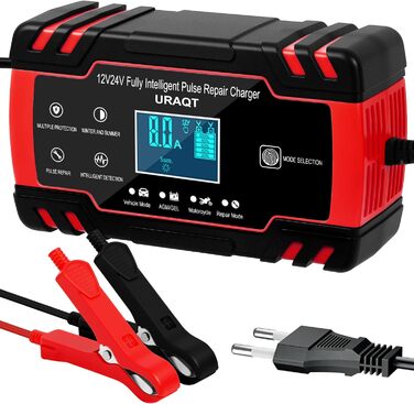 Зарядний пристрій для акумулятора URAQT 8A: 12V/24V, розумний, автоматичний, з LCD, для авто, вантажівок, мотоциклів, човнів