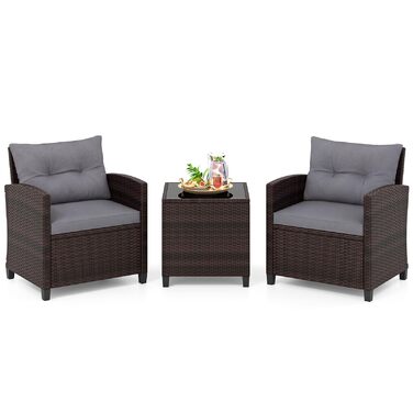 Садовий набір меблів COSTWAY з ротангу 3 предмети: 2 крісла, стіл зі скляною стільницею, подушки. Меблі для балкона, тераси, саду, для 2 осіб, коричнево-сірий