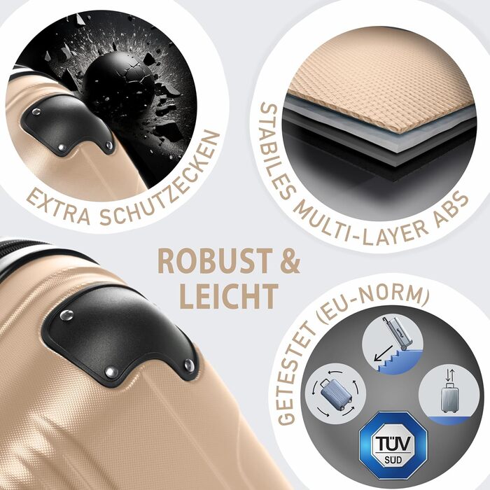 Набір валіз FERGÉ QUÉBEC 3 шт. з жорстким корпусом (Handgepäck, L, XL) – валіза-тролі, 4 колеса, 100% ABS, Champagner