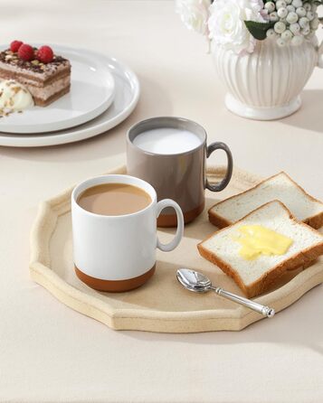 MALACASA Набір посуду з 24 предметів для 6 осіб, керамічний сервіз з реактивною глазур'ю, тепла колірна гамма. Включає: 6 тарілок для їжі, 6 тарілок для десерту, 6 супових тарілок, 6 мисок для мюслі. Колір: білий з коричневим низом (4 чашки для кави, бага