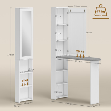 Шафа для прасувальної дошки зі дзеркалом та полицями, компактна, біла - 106x35x174 см