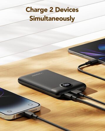 Вт, 10000 мАг, тонкий USB-C зі світлодіодом, сумісний з iPhone/Samsung/Huawei (чорний), 22,5