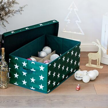 ЗБЕРІГАТИ ЦЕ Коробка для зберігання новорічних фенечек - Коробка для тканинних ялинкових іграшок - Посилена картоном - 30 відділень - з зірочками - 58x36x25 см (Темно-зелена з зірочками)