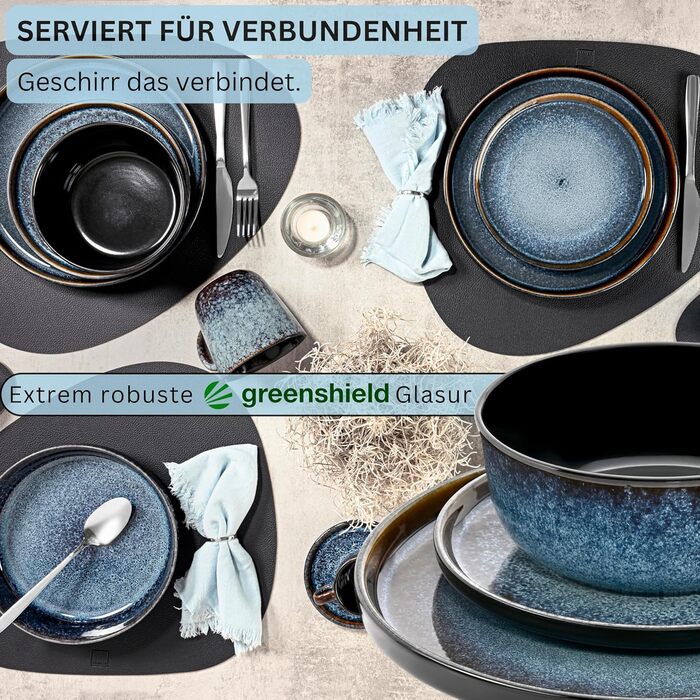 Набір посуду SÄNGER Steingut 18 предметів: 6 тарілок, 6 мисок, 6 десертних тарілок, блакитний колір з чорним бордюром, стійкий до подряпин. VALUE COLLECTION (Осака)