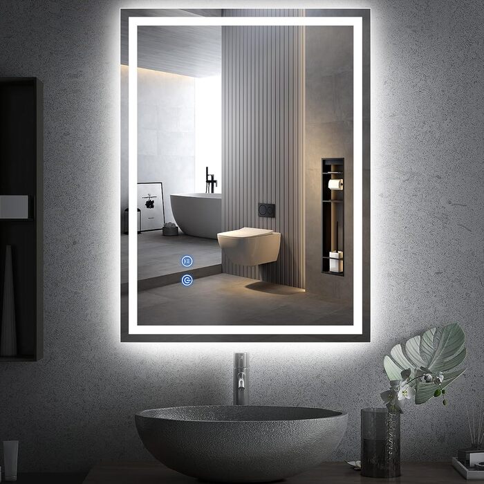 Дзеркало для ванної кімнати зі світлодіодним підсвічуванням 50x70 см, LED дзеркало з сенсорним вимикачем, 80x60 см з 3-кольоровим регулюванням яскравості
