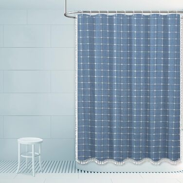 Завіса для душу Sage Green - Фермерський стиль Boho Modern з льону для ванної кімнати, Вантажна завіса для душу в стилі вінтажного села з бахромою - Елегантна богемна тканинна завіса для душу 48x72 (H213 x B183 cm (1er Pack), Blau)