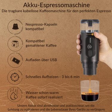 Handpresso E-PRESSO+: портативна кавомашина на акумуляторі для еспресо та кави, USB, 90 мл, 3x2,9 mA