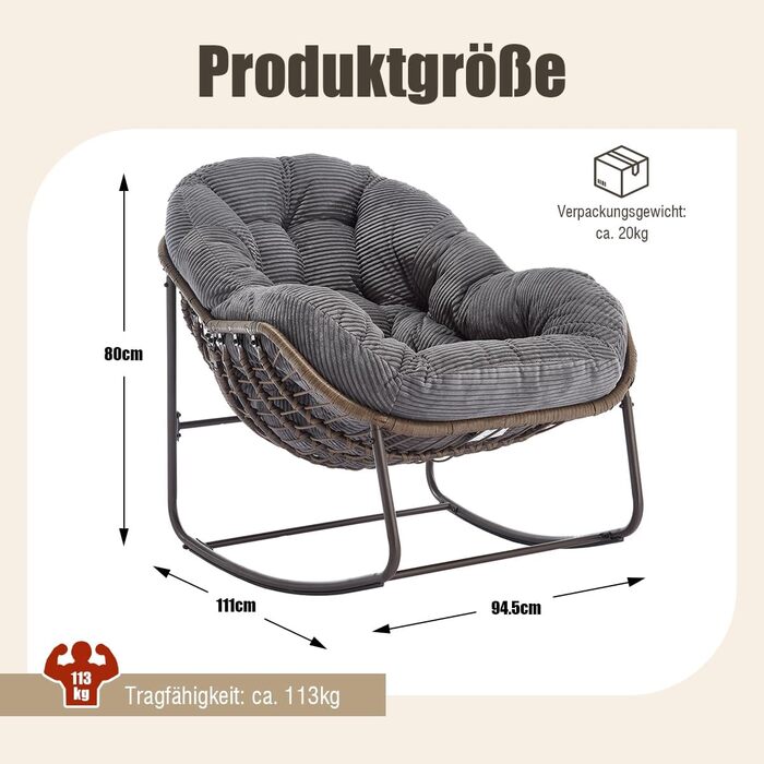 Крісло-гойдалка LIFEISLE з ротангу, для вітальні, балкону, саду, внутрішнє та зовнішнє використання, крісло-яйце, Cord White (тканина Cord, сірий)