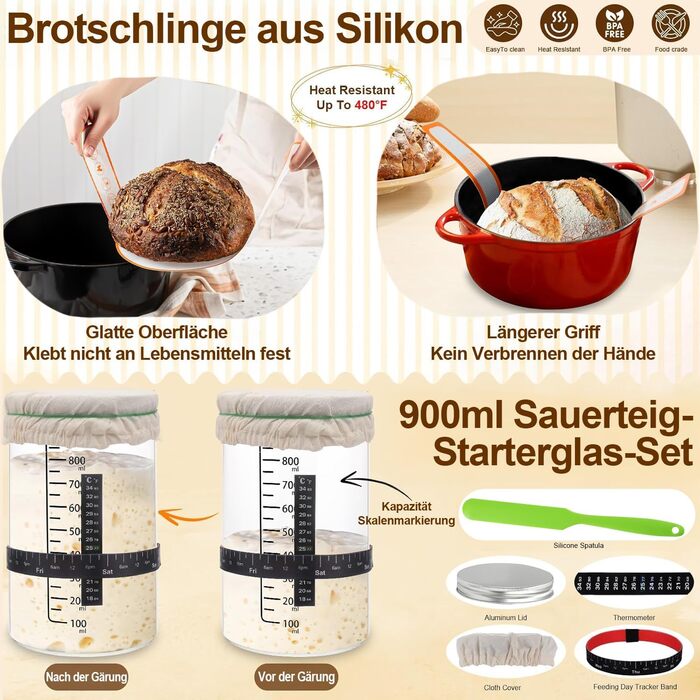 Набір для закваски з 21 елементом: 2 гільзи (23 см круглі, 25 см овальні), скляна тара 900 мл для заквашування, аксесуари для випікання хліба для початківців та професіоналів