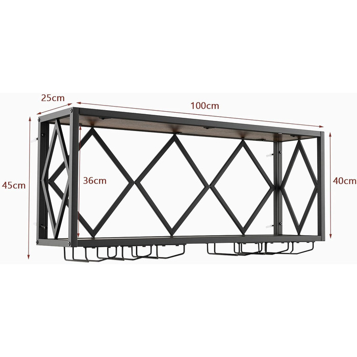 Стильна полиця для вина Komfotteu на стіну з металевим каркасом, з тримачем для келихів, 100 x 25 x 45 см