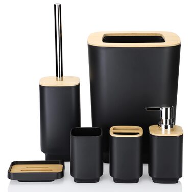 Набір аксесуарів для ванної кімнати JOTOM 6 шт. з бамбука, чорний: мильниця, дозатор мила, тримач для зубних щіток, стакан, сміттєве відро