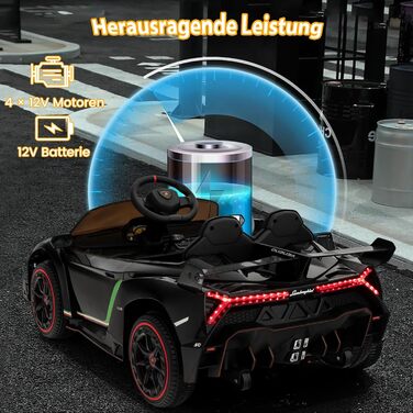 Дитячий електромобіль Lamborghini COSTWAY з пультом, LED фарами, музикою, для дітей від 3 років, чорний