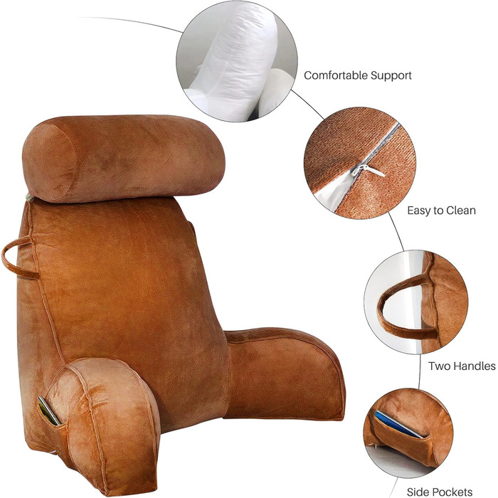 М'яке крісло-подушка для читання з велюру, для дорослих, з підставкою для спини та підлокітниками, з кишенею та знімним чохлом (колір кава)