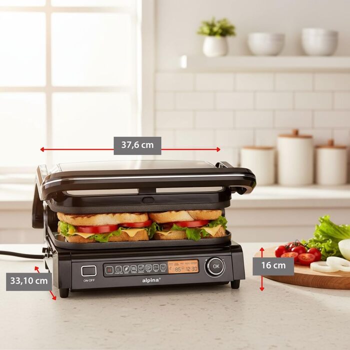 Контактний гриль Alpina Optigrill 2100W: гриль для сендвічів, паніні та овочів з антипригарним покриттям та інтелектуальним режимом приготування