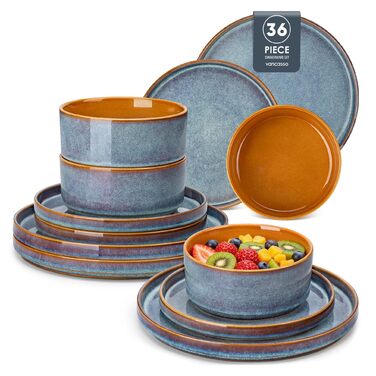 Набір посуду Vancasso Steingut, 24 елементи, на 8 осіб. Комплект тарілок, салатників та супниць. Якісний сервіз з тарілками для їжі, салату та супу. Дизайн натхненний галактикою, серія ONION (синій, 36 елементів)