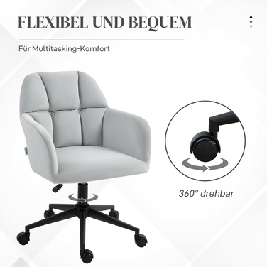 Крісло HOMCOM Swivel регульоване по висоті сучасне для вітальні та офісу, стілець-стілець з підлокітниками в оксамитовому стилі до 120 кг, світло-сірий