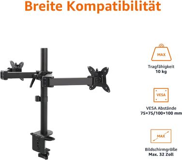 Кріплення для двох моніторів Amazon Basics, регульований газовий важіль, для моніторів до 27 дюймів, чорний