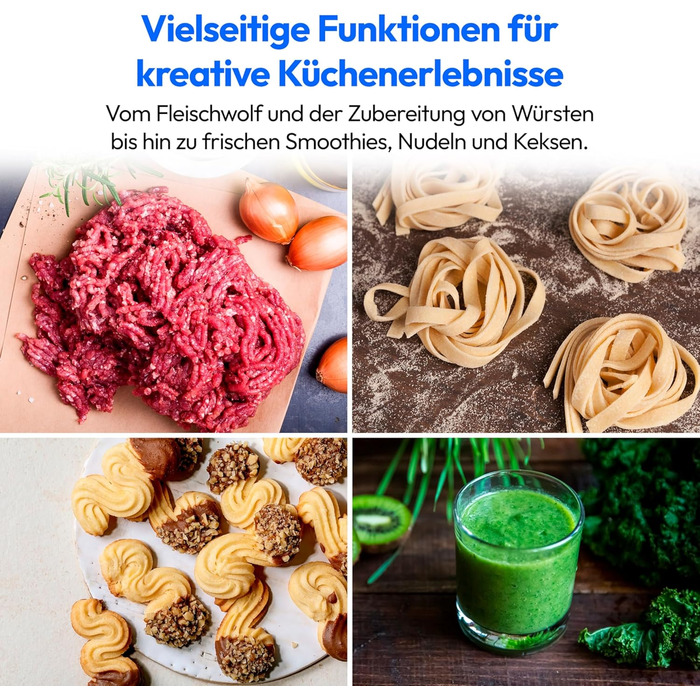 Кухонна машина MEDION MD18430: 3 в 1 (міксер, м'ясорубка, тістоміс), 5 л чаша з нержавіючої сталі, 1200 Вт, подрібнювач, нарізач, цифрова панель керування, з чашею для льоду та м'ясорубкою, з титановим ножем