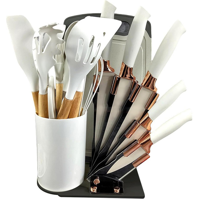 Набір кухонних ножів 19 в 1: ножі, кухонні аксесуари та набір ножів у блоці. Включає 11 шт. силіконових кухонних аксесуарів, 5 шт. гострих сталевих ножів, ножиці та дошку для нарізання (бежевий)