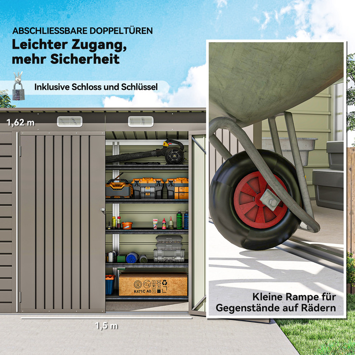 Металевий сарай для інструментів, подвійні двері, 249 x 121 x 166/183 см, світло-сірий