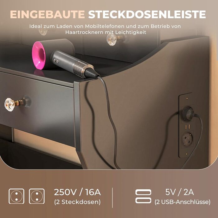 Трюмо COMHOMA з підсвічуванням, дзеркалом та прихованою LED-смугою, зі стільцем та 5 висувними ящиками, з розеткою, 3 колірні температури та регульована яскравість, білий (чорний)